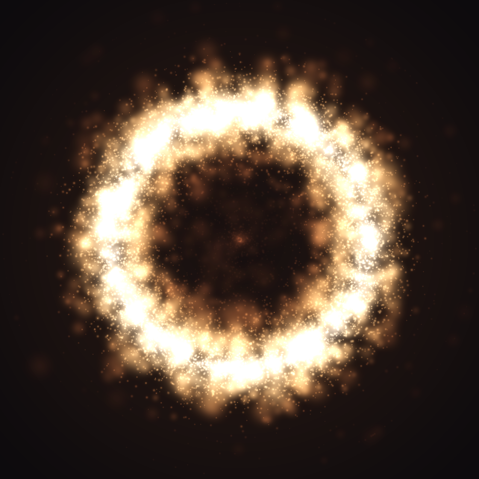 Aura: a dense amber particle mist gathering toward a circle — the continuum — never quite solid
